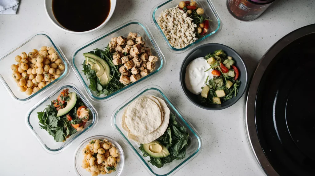 Five vegetarian low carb meal prep containers on a regular kitchen counter under daylight.