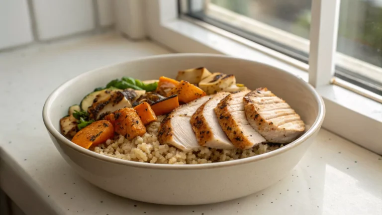 40g protein lunch bowl with chicken quinoa and vegetables