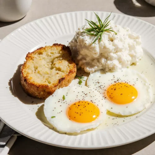 40g of protein breakfast with eggs and cottage cheese on a plate