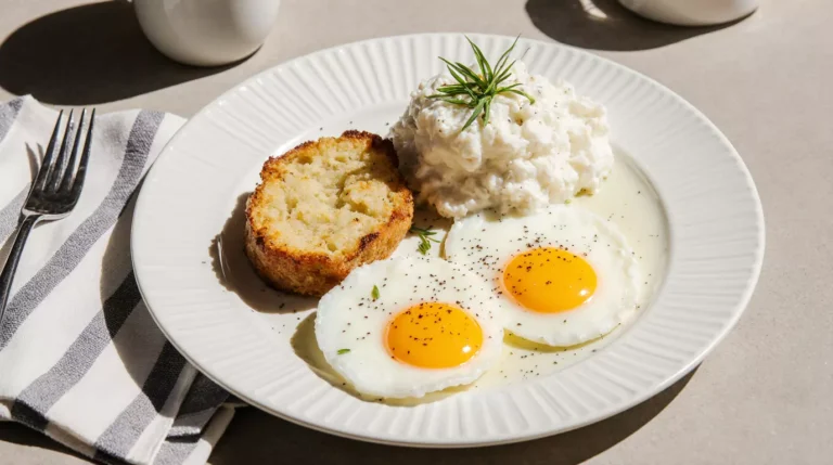 40g of protein breakfast with eggs and cottage cheese on a plate