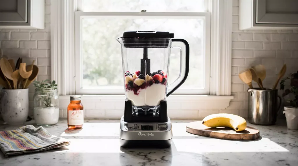 Blender filled with Activia yogurt and fruit before blending
