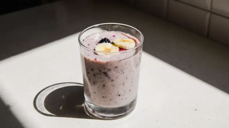 Activia yogurt smoothie made with banana and berries in a glass