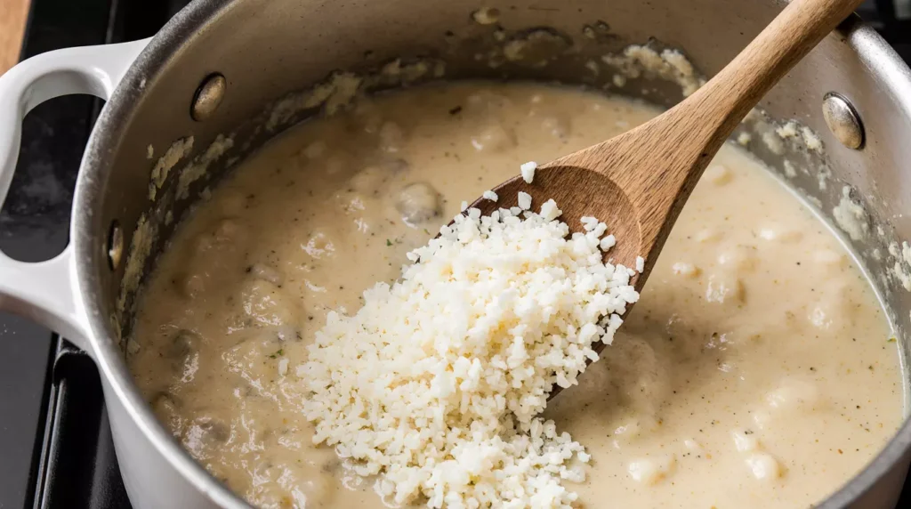 Grated cheese being folded into risotto off the heat