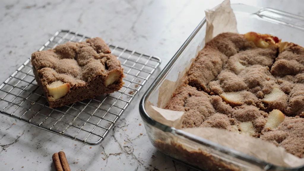 Apple snickerdoodle blondies cooling in a glass baking dish on a kitchen counter