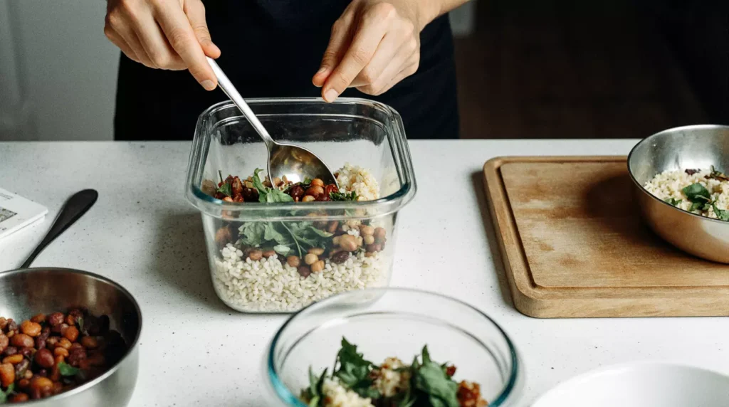 Lazy meal prep bowl being assembled with rice, vegetables, and protein in a glass container