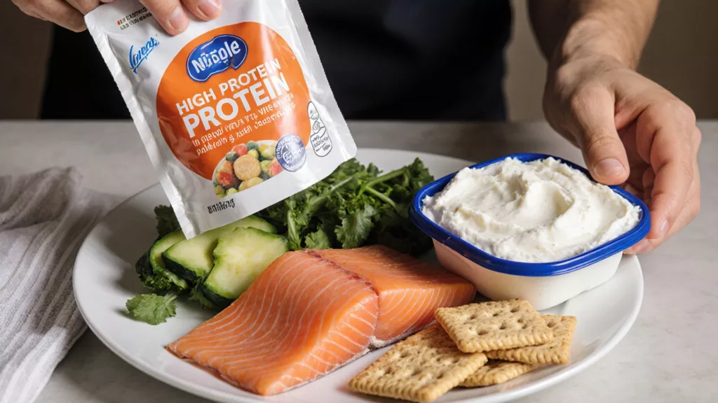 Assembling a no cook high protein meal on a plate