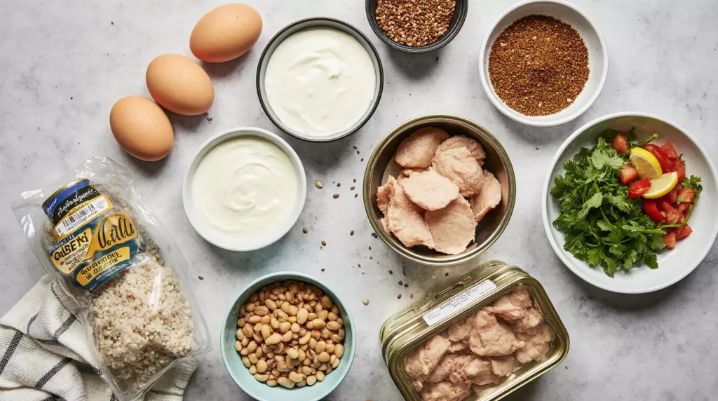 Eggs, Greek yogurt, cottage cheese, tuna, chicken, beans, rice, and frozen vegetables on a counter