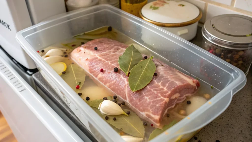 Pork loin soaking in brine before smoking