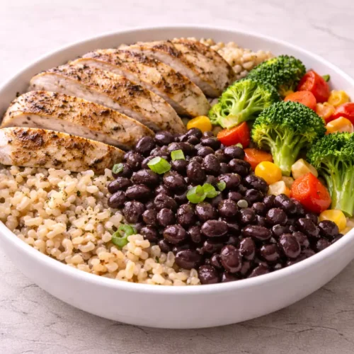 High protein budget chicken beans and rice bowl