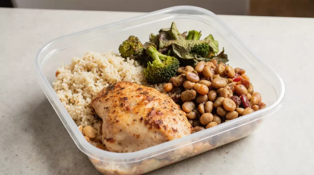 Affordable high protein meal in a simple container on a kitchen table