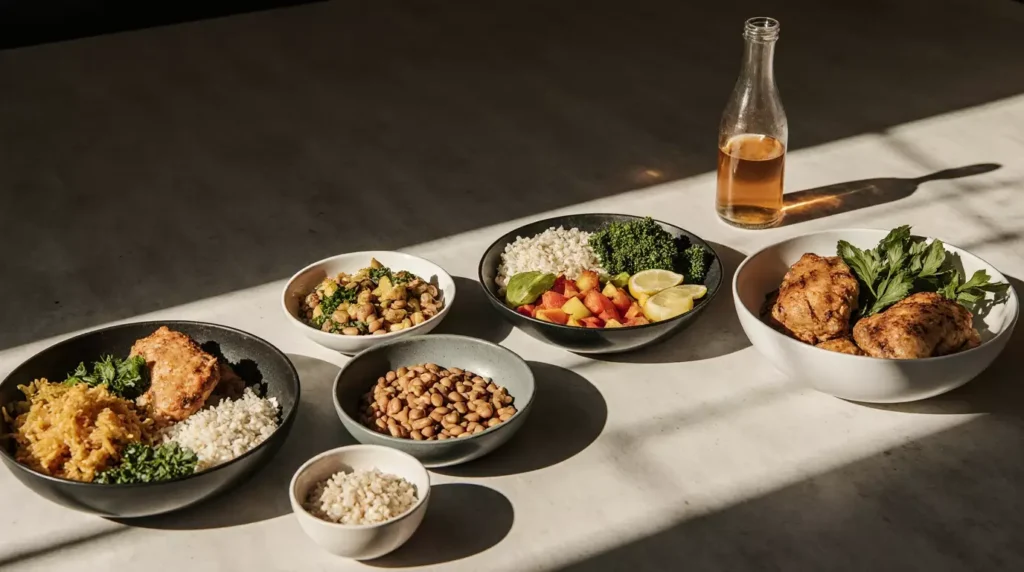 Assembling a budget high protein meal with rice, beans, vegetables, and chicken