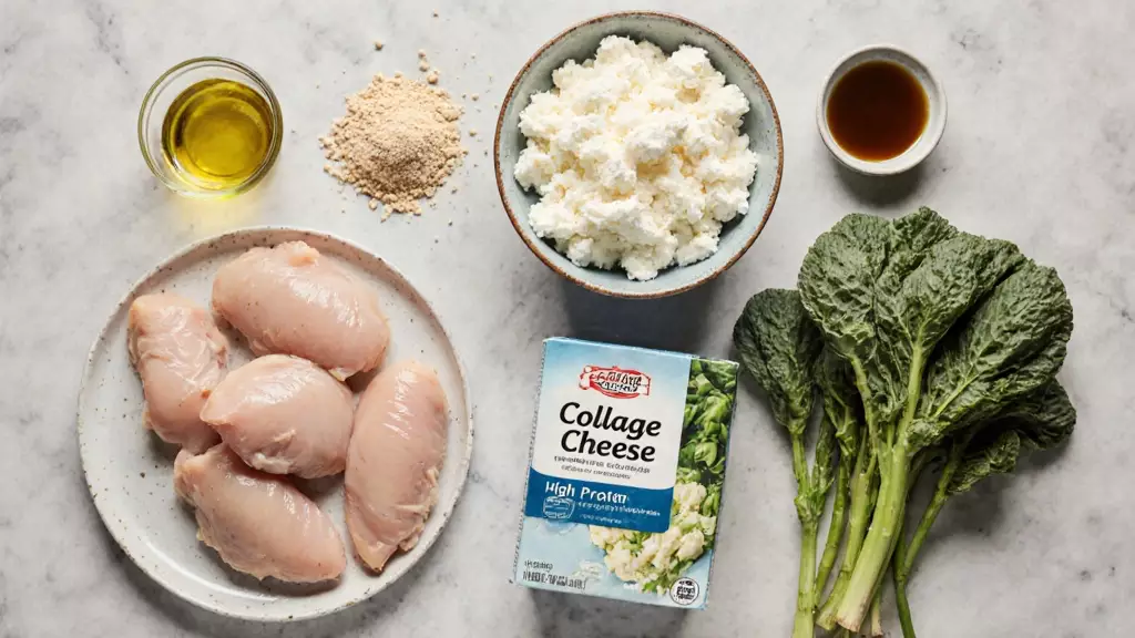 uncooked chicken cottage cheese and frozen vegetables on a counter