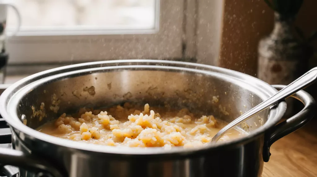 Cheese risotto resting in a pot before serving