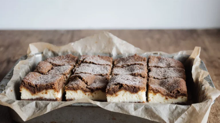 Cheesecake snickerdoodle blondies cut into thick squares showing a cheesecake layer over a blondie base