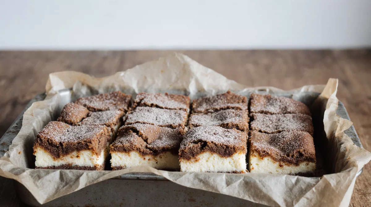 Cheesecake snickerdoodle blondies cut into thick squares showing a cheesecake layer over a blondie base