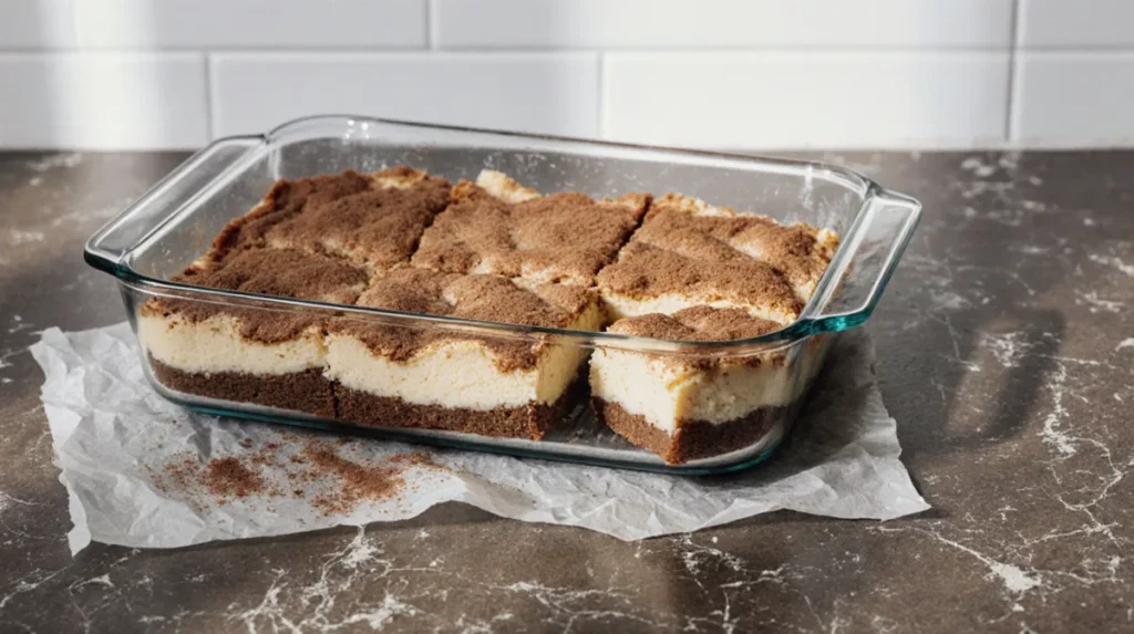 Cheesecake snickerdoodle blondies cooling in a glass baking dish on a kitchen counter