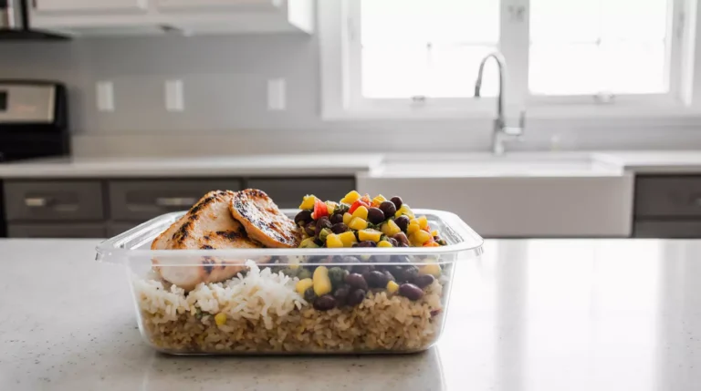 Chicken burrito bowl with rice beans corn and peppers in meal prep container