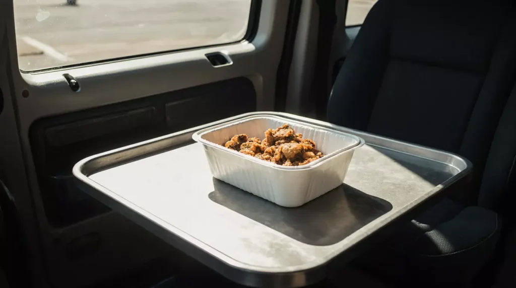 Chicken burrito bowl meal prep container inside truck cab