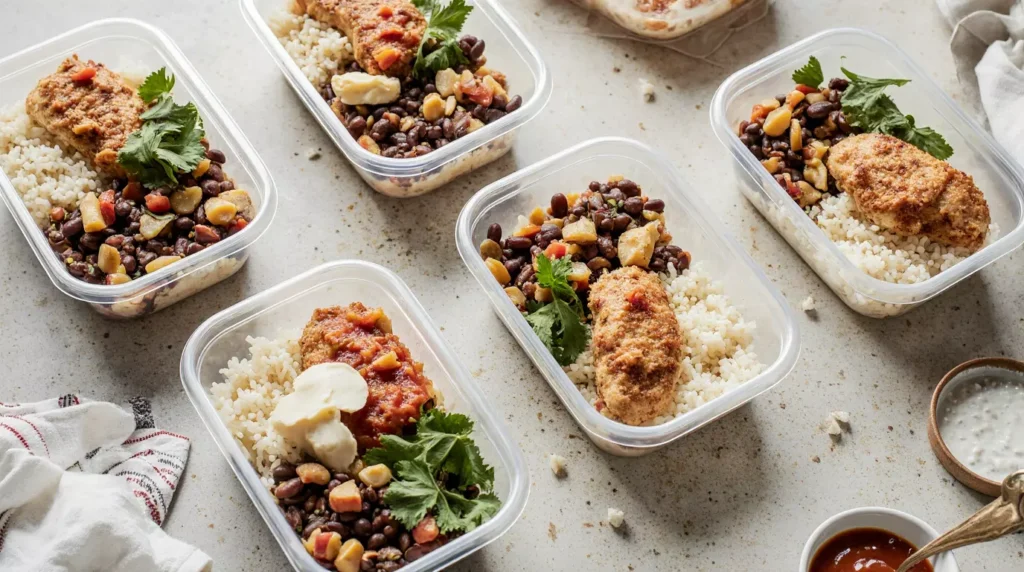 Multiple chicken burrito bowl meal prep containers on kitchen counter