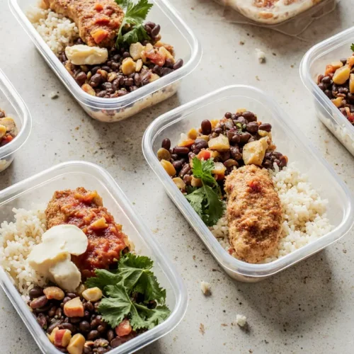Multiple chicken burrito bowl meal prep containers on kitchen counter