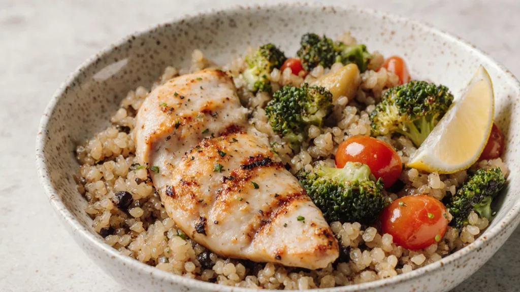 Chicken quinoa and vegetable high protein lunch bowl
