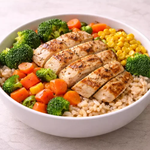High protein chicken rice and vegetable bowl for beginners