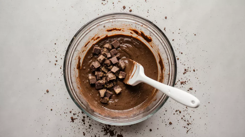 Chocolate cake batter with chopped Skor bars before baking