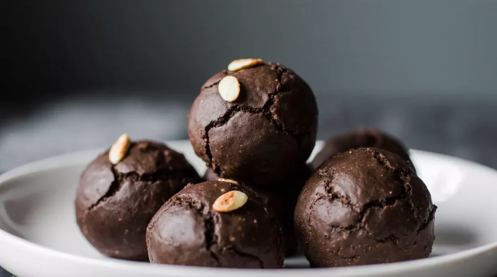 Close-up of chocolate dairy soy free energy bites showing natural texture