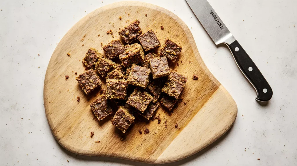 Chopped Skor bars on cutting board for chocolate cake