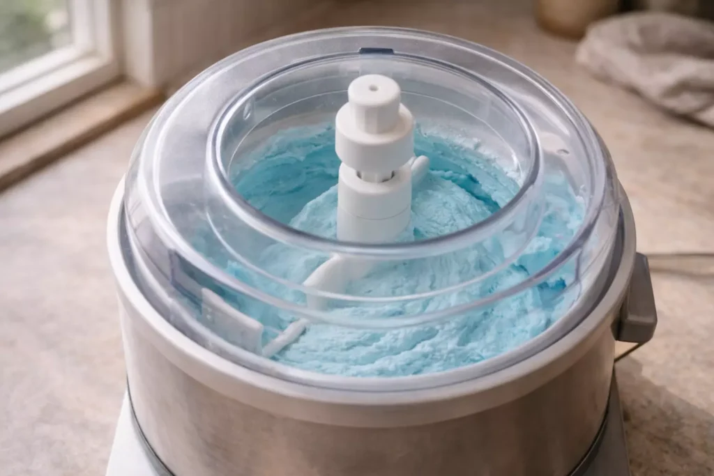 Cookie monster ice cream base churning in an ice cream maker