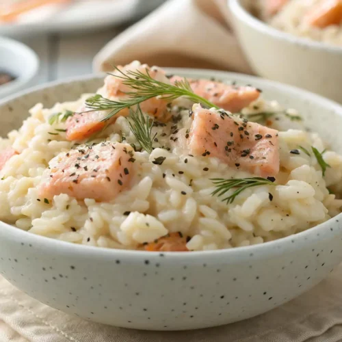 Classic salmon risotto served in a bowl with creamy rice and tender salmon