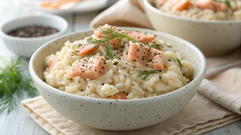 Classic salmon risotto served in a bowl with creamy rice and tender salmon