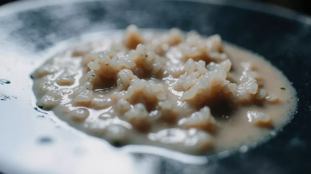 Close up view of creamy gluten free risotto showing individual rice grains.
