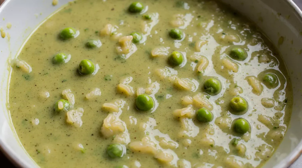 Close-up view of green pea risotto showing its creamy texture and blended consistency.