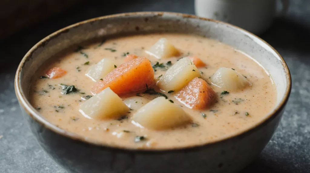 A realistic mid-cooking scene of smoked salmon chowder in progress. Onions, celery and diced potatoes simmer lightly in broth inside a slightly worn pot on an ordinary stovetop. Natural daylight and everyday utensils create an authentic home-cooking setting.
