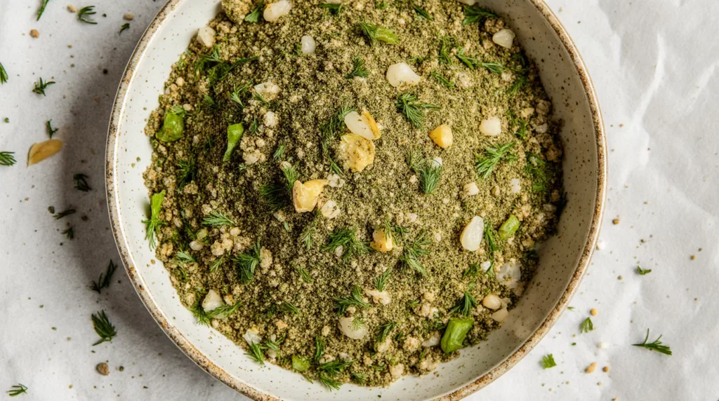 Macro view of dill pickle seasoning showing green dill and powdered aromatics.