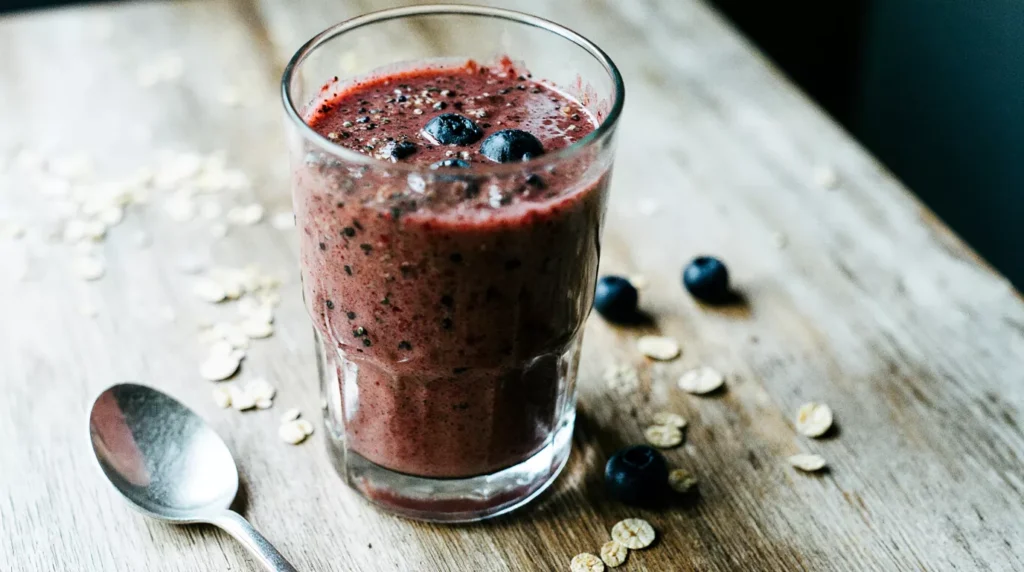 Thick berry smoothie in a glass showing natural texture and seeds.