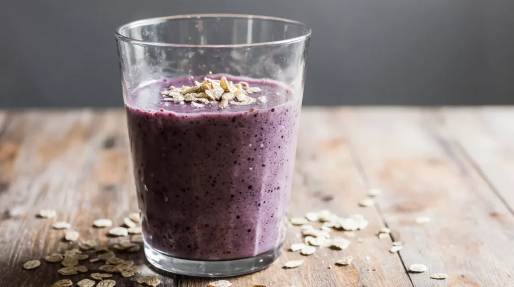 A taro root smoothie beside meal prep bowls with oats and fruit on a kitchen table.