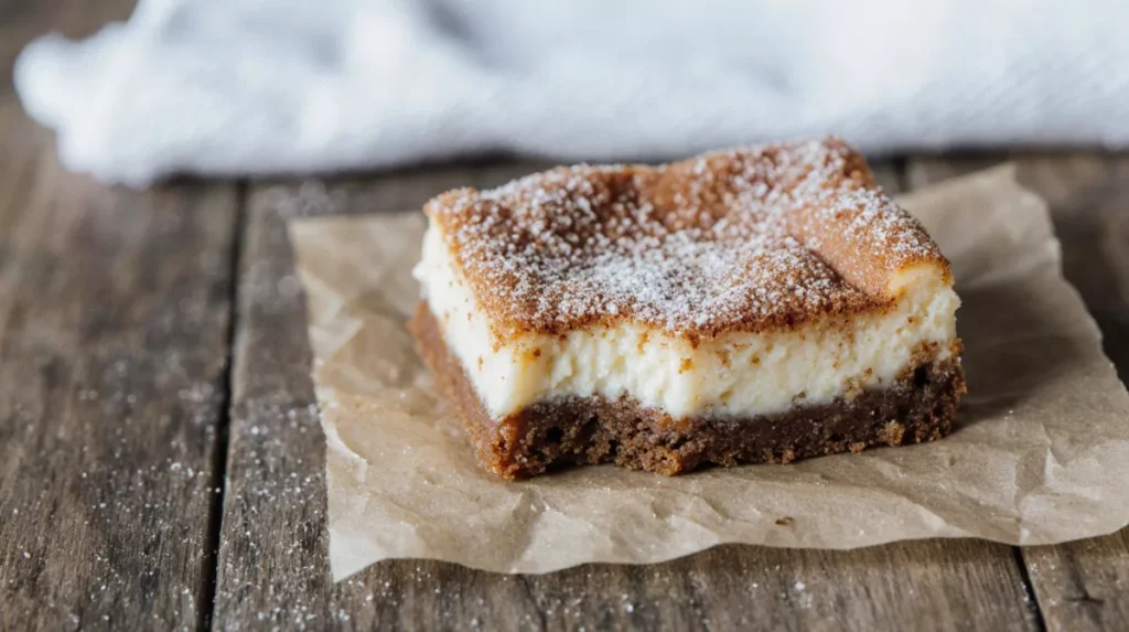 Close-up of a cheesecake snickerdoodle blondie showing a thick cheesecake layer and blondie base
