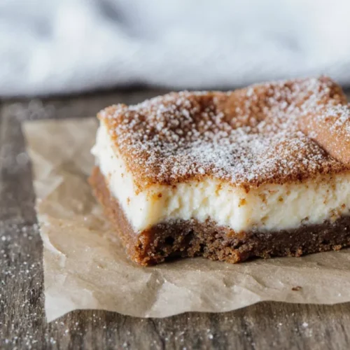 Close-up of a cheesecake snickerdoodle blondie showing a thick cheesecake layer and blondie base
