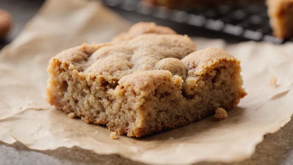 Single snickerdoodle blondie showing soft interior and cinnamon sugar crust