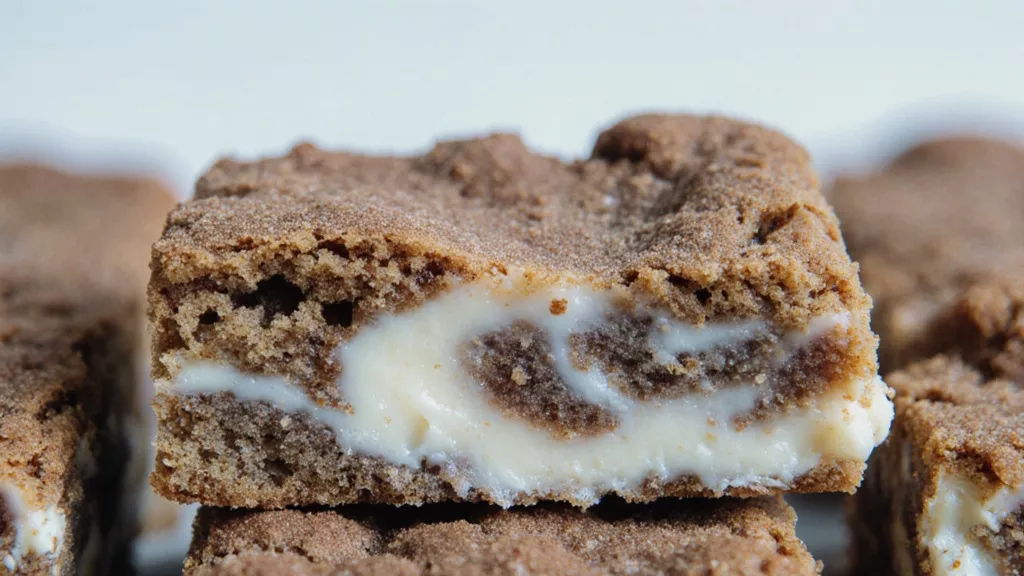 Close-up of a cream cheese snickerdoodle blondie showing a light cream cheese swirl and soft interior