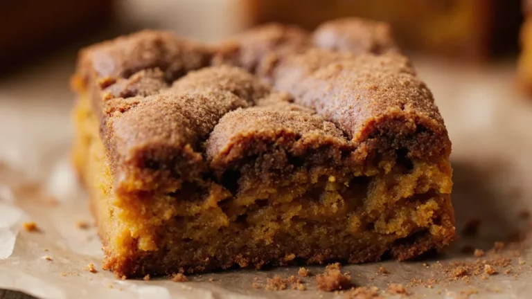 Close-up of a pumpkin snickerdoodle blondie showing soft interior and cinnamon sugar top