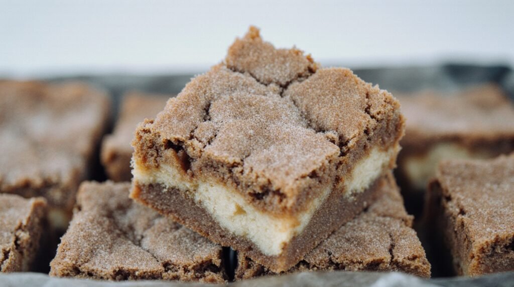 Close-up of a vegan snickerdoodle blondie showing soft interior and cinnamon sugar crust