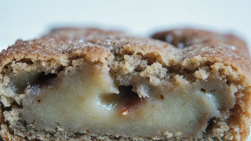 Close-up of an apple snickerdoodle blondie showing soft interior with small apple pieces