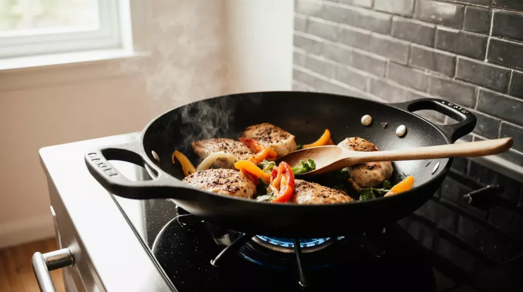 Cooked chicken peppers and onions in skillet on stove