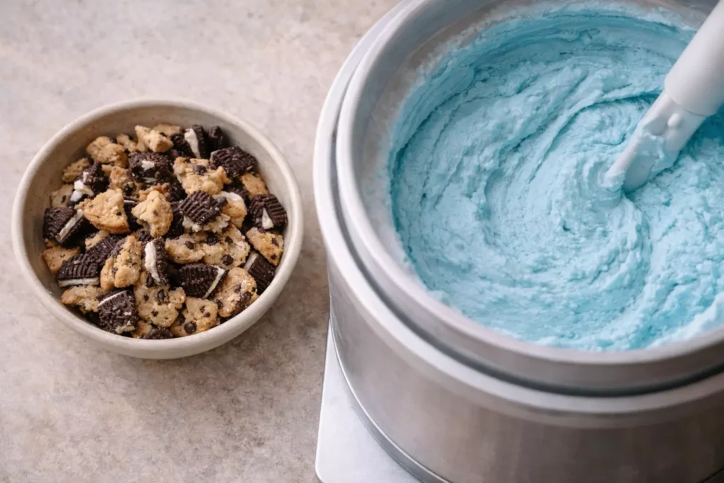Chopped cookies ready to be added to cookie monster ice cream
