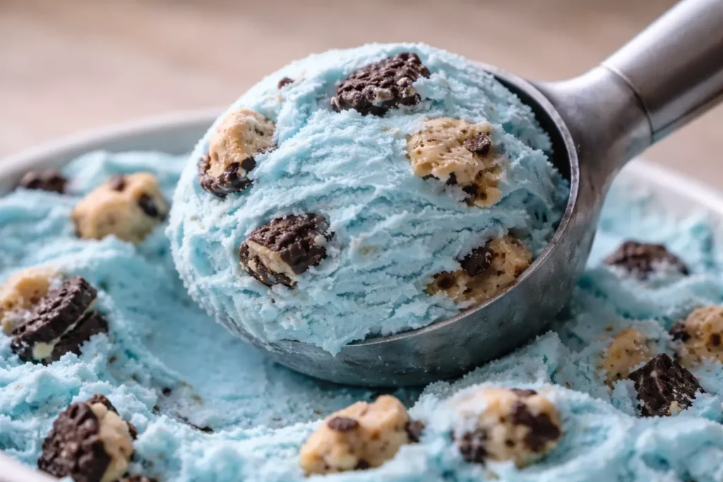 Close up of cookie monster ice cream scoop showing creamy texture