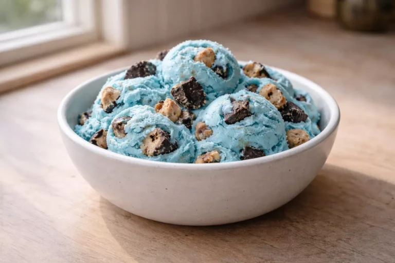 Cookie monster ice cream in a bowl with visible cookie pieces