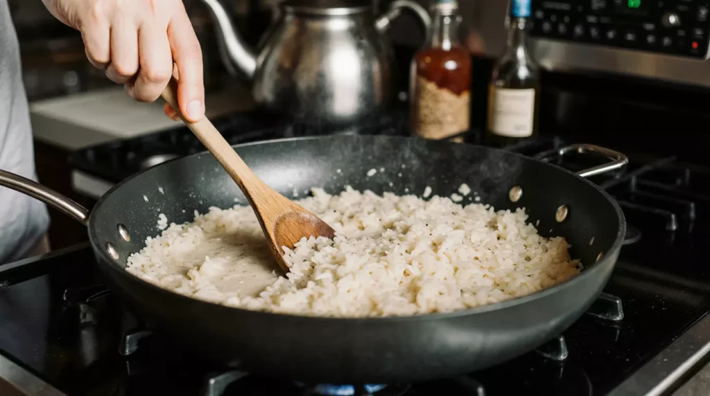 Risotto rice cooking in a pan with broth for a gluten free risotto recipe.